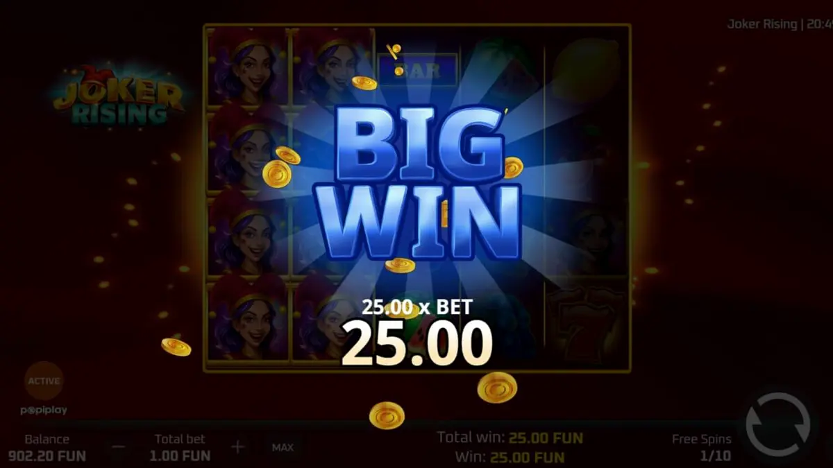 Tampilan visual slot Joker Rising dengan tema buah neon dan karakter Joker
