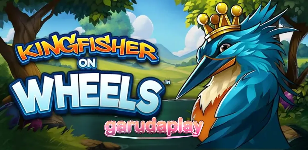 Pemandangan visual slot Kingfisher on Wheels dengan latar sungai dan burung raja udang bermahkota