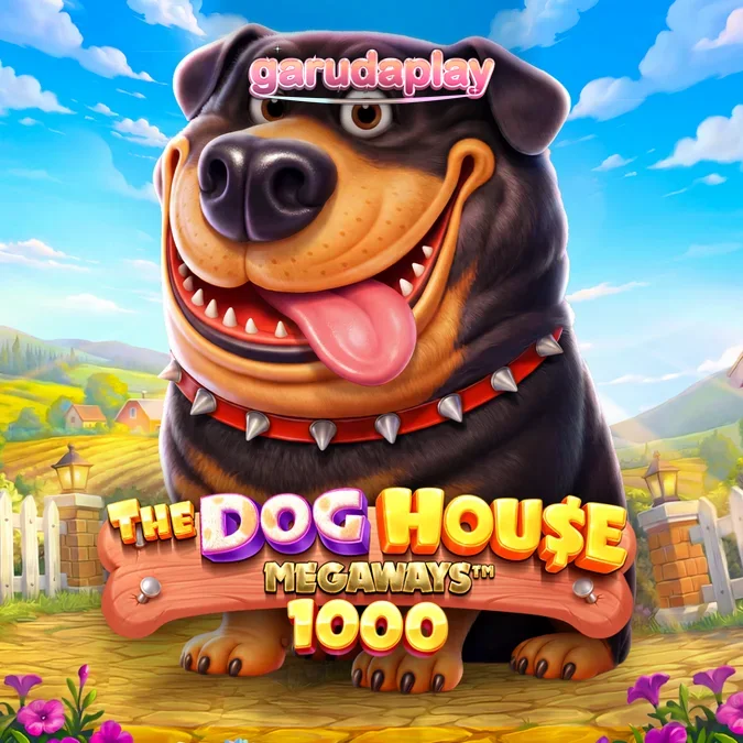 Tampilan layar permainan slot The Dog House Megaways 1000 dengan simbol anjing yang ikonik.